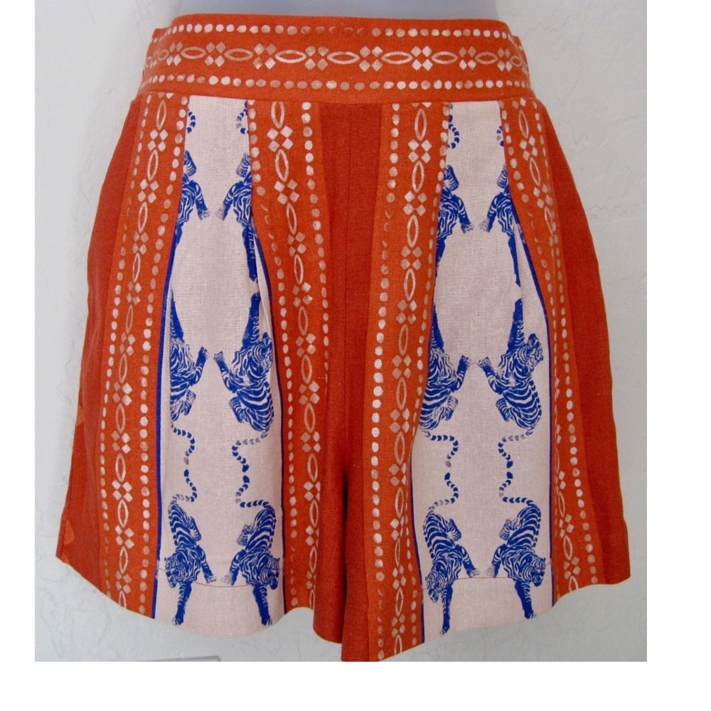 Caroline Constas Shorts Women S Orange Tiger Print High Waist Linen Blend